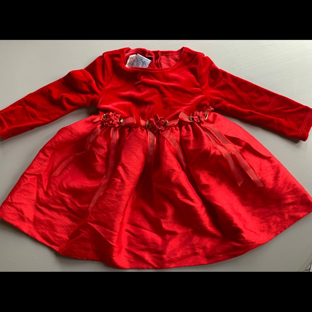 Vintage Jessica Ann Red Velour Christmas Dress Sz 12 Months Red Roses - Picture 2 of 8